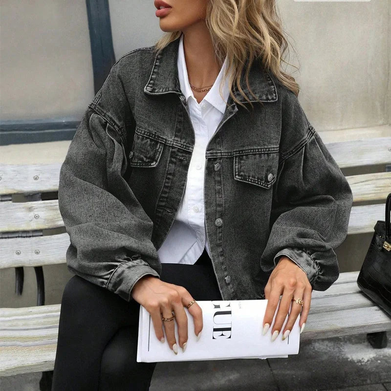 Benuynffy 2025 Autumn Vintage Lantern Sleeve Denim Jacket Women's Casual Streetwear Single Breasted Loose Short Jean Jackets