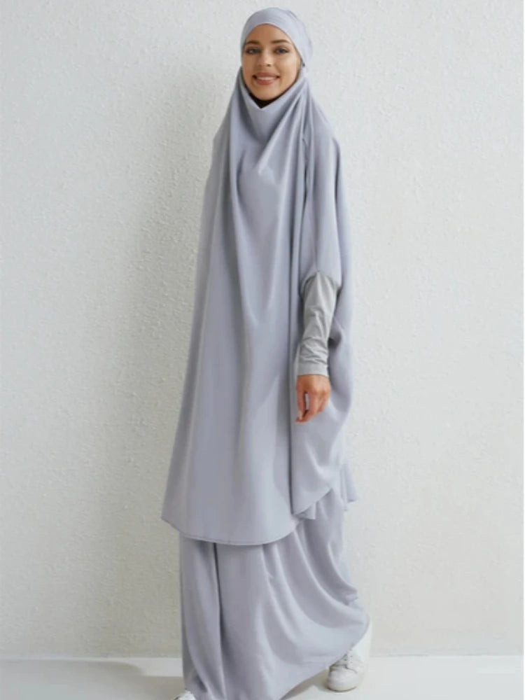 Muslim Sets Two Pieces Prayer Clothing Long Hooded Smocking Sleeve Shirts Hijab Loose Maxi Skirts Elastic Waist Women Abaya Sets