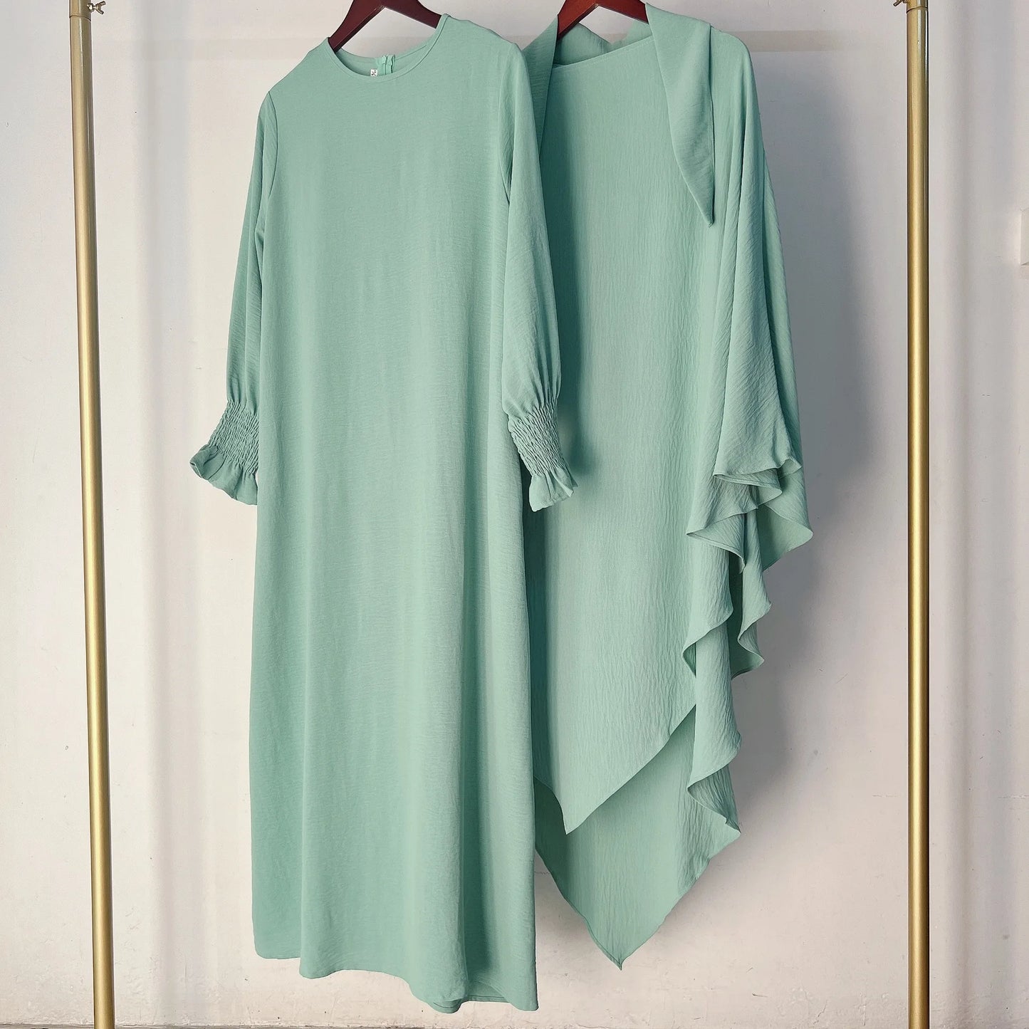 2 Pcs Muslim Set New Sweet Solid Color Long Dress+Single Layer Shawl Suit Abaya and Khimar Set Jilbab 2 Pcs Ramadan Long Hijab