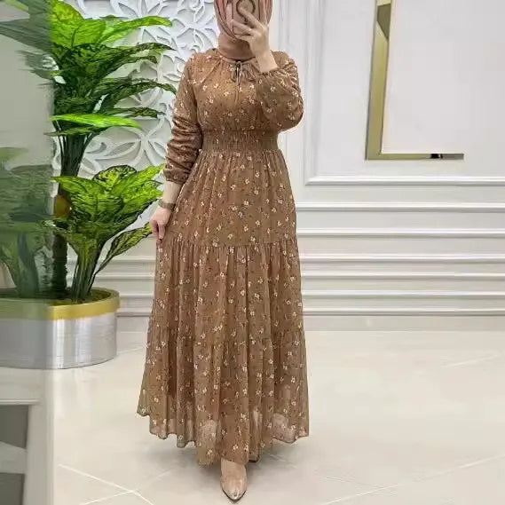 Fashion Muslim Chiffon Flowers Printing Dress High Waist Muslim Dress Abaya Woman Clothing Female Jalabiya