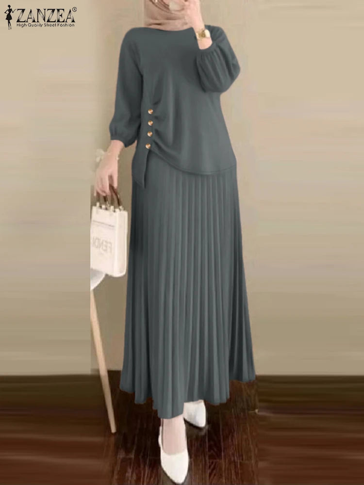 ZANZEA Muslim Woman 2 Piece Sets Islamic Fashion Ruched 3/4 Sleeve Tops Pleated Maxi Skirts 2PCS Outfits Solid Color Skirt Sets
