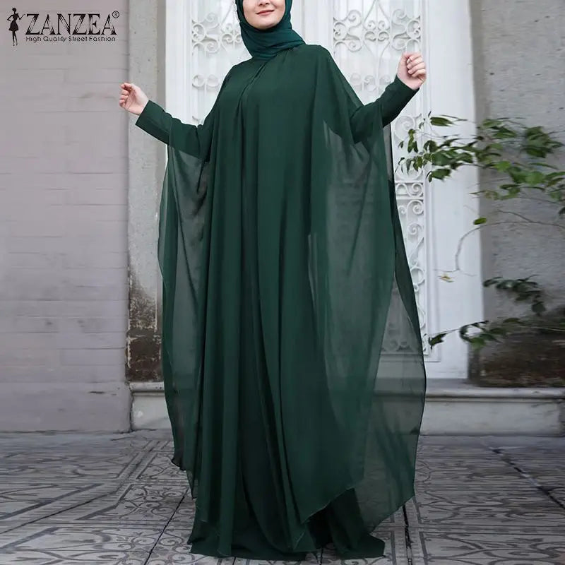 ZANZEA Women Chiffon Abaya Eid Mubarek Muslim Dresses Robe Long Sleeve Hijab Vestidos Fashion Abayas For Women Isamic Clothing