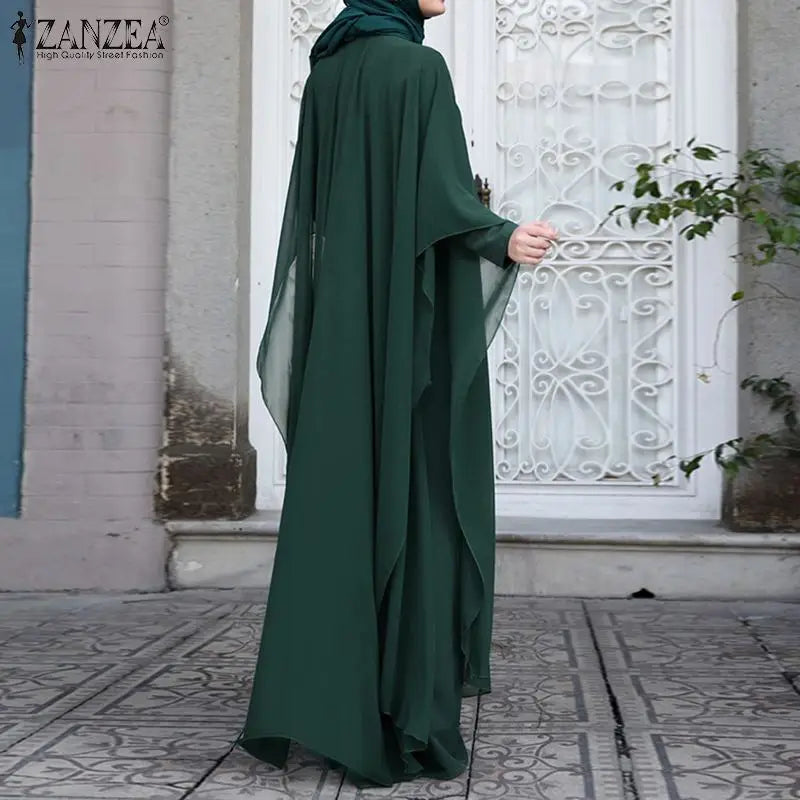 ZANZEA Women Chiffon Abaya Eid Mubarek Muslim Dresses Robe Long Sleeve Hijab Vestidos Fashion Abayas For Women Isamic Clothing