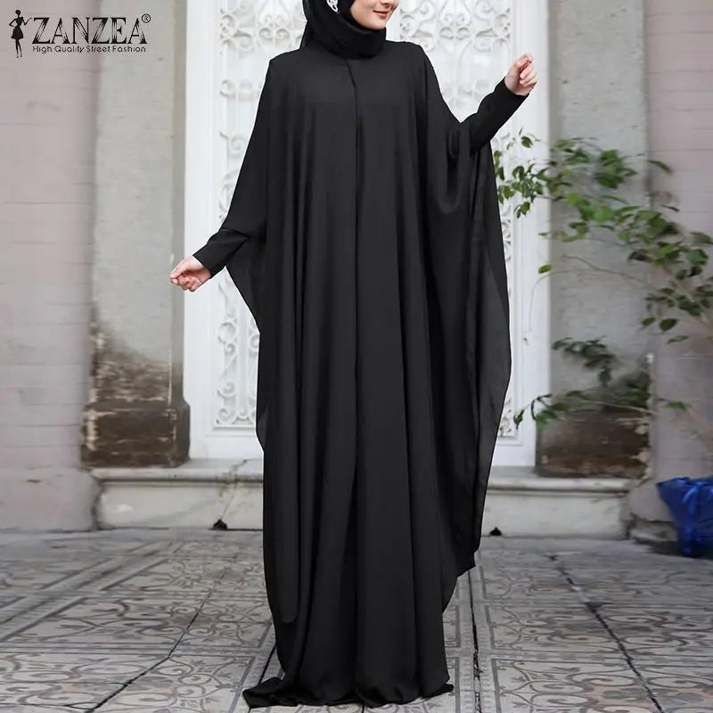 ZANZEA Women Chiffon Abaya Eid Mubarek Muslim Dresses Robe Long Sleeve Hijab Vestidos Fashion Abayas For Women Isamic Clothing