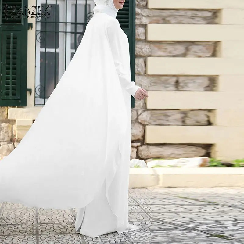 ZANZEA Women Chiffon Abaya Eid Mubarek Muslim Dresses Robe Long Sleeve Hijab Vestidos Fashion Abayas For Women Isamic Clothing