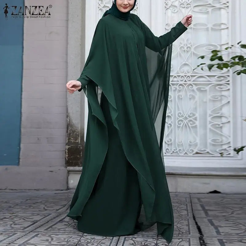 ZANZEA Women Chiffon Abaya Eid Mubarek Muslim Dresses Robe Long Sleeve Hijab Vestidos Fashion Abayas For Women Isamic Clothing