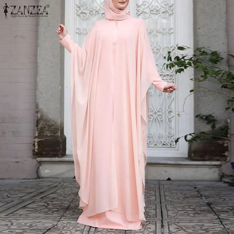 ZANZEA Women Chiffon Abaya Eid Mubarek Muslim Dresses Robe Long Sleeve Hijab Vestidos Fashion Abayas For Women Isamic Clothing