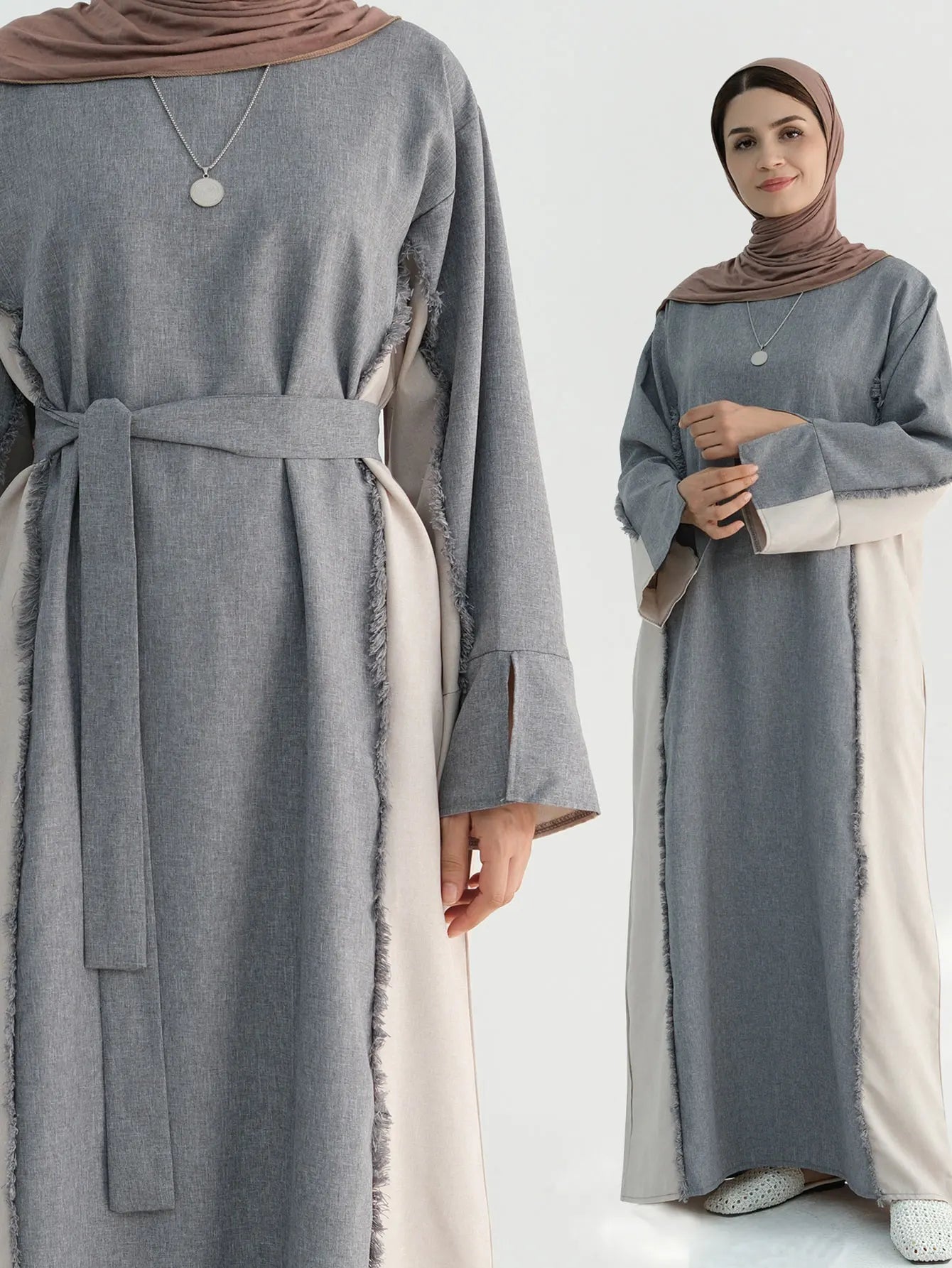 New Trend Contrast Color Women Dresses Modest Abaya Muslim Women Dress Linen Frayed Closed Abaya Ramadan EID Dubai Abaya 2025