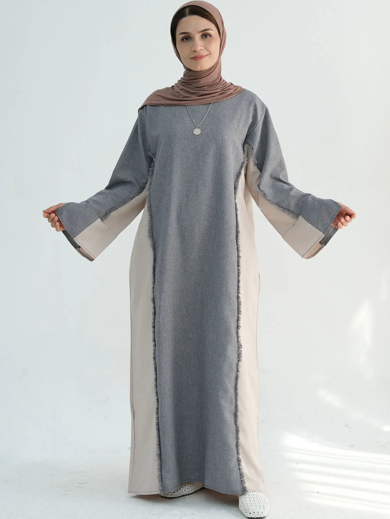 New Trend Contrast Color Women Dresses Modest Abaya Muslim Women Dress Linen Frayed Closed Abaya Ramadan EID Dubai Abaya 2025