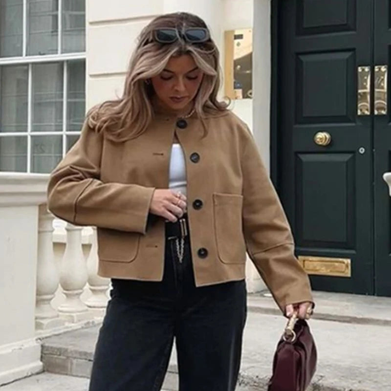 HXAO Demi-Season Suede Jacket Women Cropped Coat Autumn Faux Bomber Jacket Outerwear Button Elegant New Jacket Short Coat