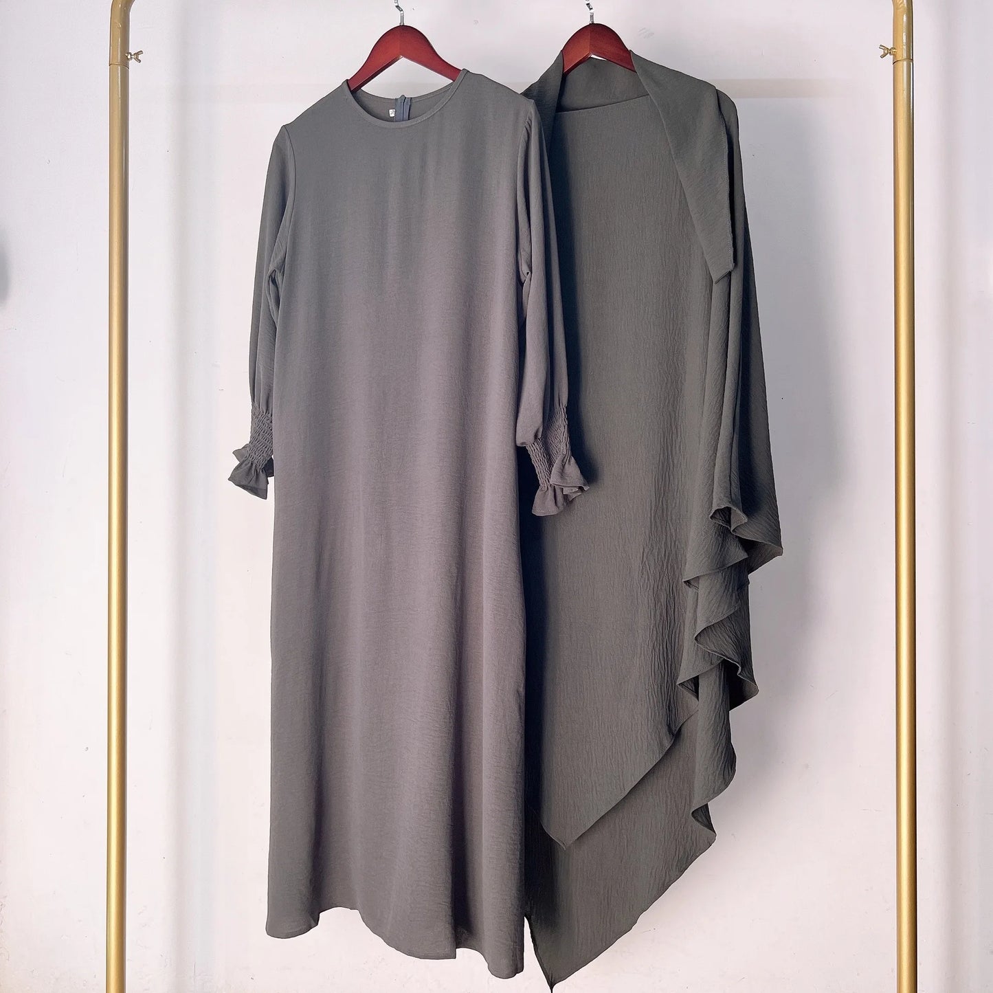 2 Pcs Muslim Set  New Sweet Solid Color Long Dress+Single Layer Shawl Suit  Abaya and Khimar Set Jilbab 2 Pcs Ramadan Long Hijab