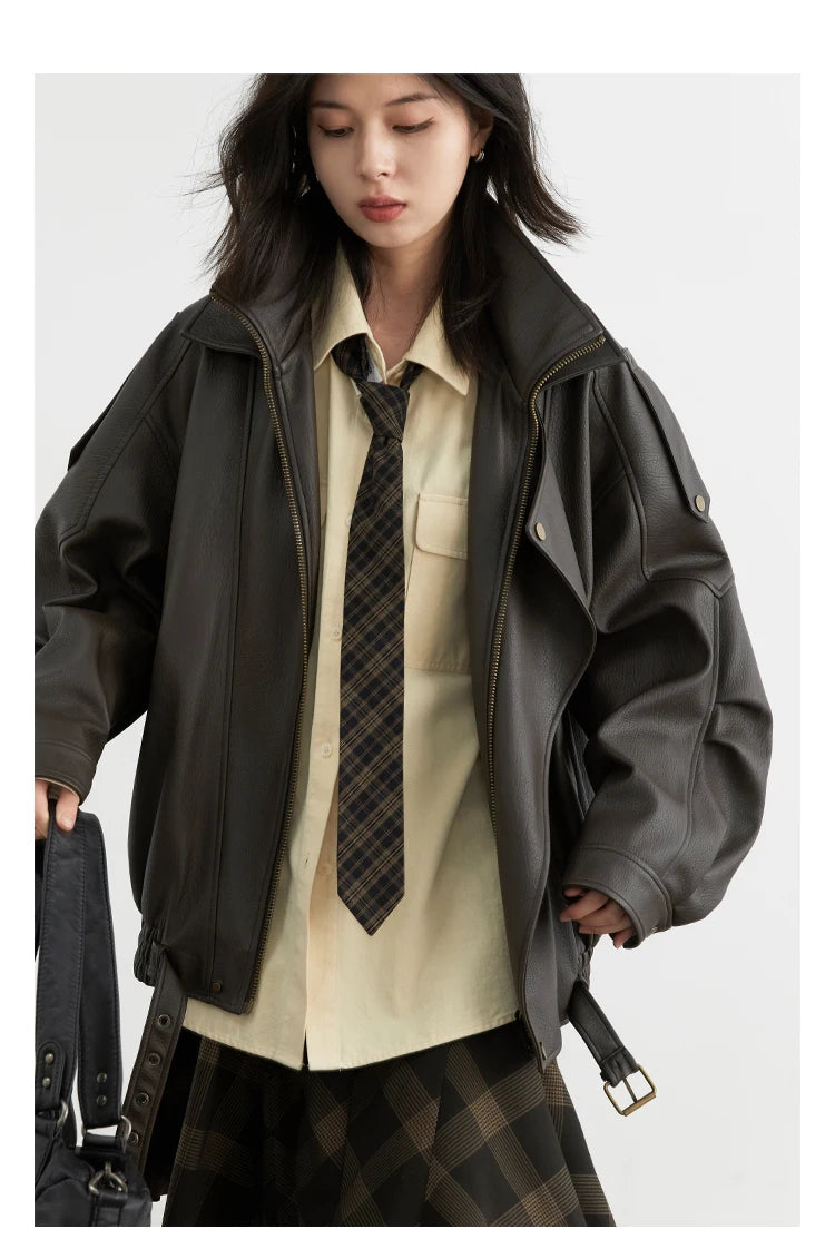 CHIC VEN Female PU Jacket Solid Loose New Retro Standing Collar Motorcycle Faux Leather Coat Female Top Spring Autumn 2024