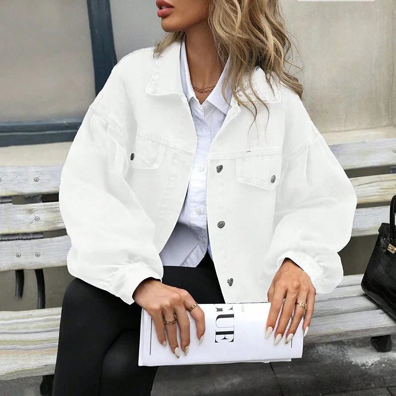 Benuynffy 2025 Autumn Vintage Lantern Sleeve Denim Jacket Women's Casual Streetwear Single Breasted Loose Short Jean Jackets