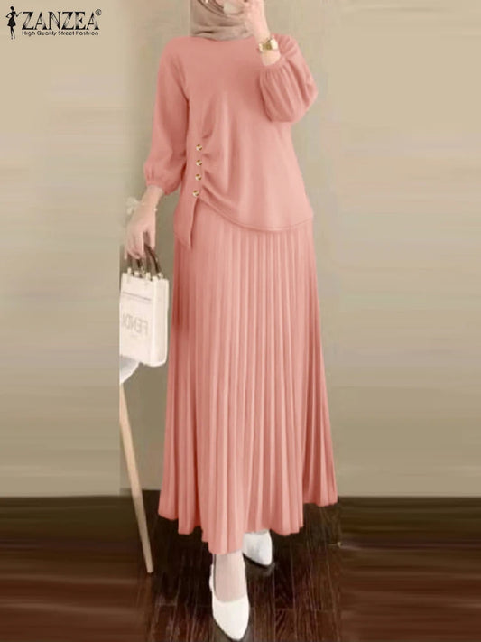 ZANZEA Muslim Woman 2 Piece Sets Islamic Fashion Ruched 3/4 Sleeve Tops Pleated Maxi Skirts 2PCS Outfits Solid Color Skirt Sets