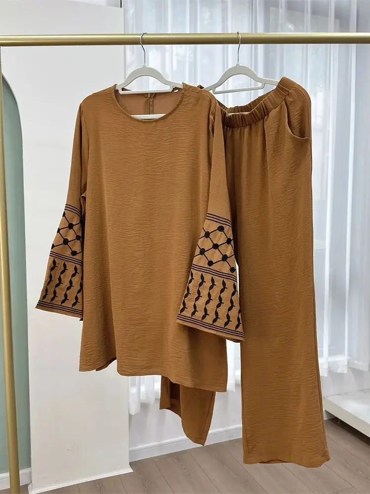 Eid Plain 2 Piece Abaya Set Tops Pants Modest Muslim Sets Abayas For Women Clothing Robe Caftan Marocain Femme Musulmane Kaftan