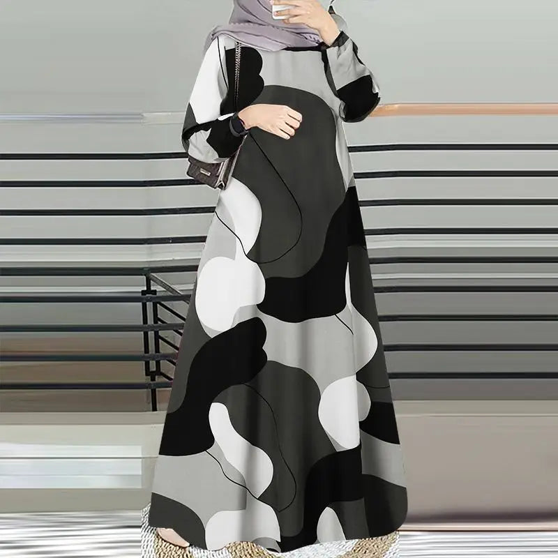 ZANZEA Muslim Fashion Color Block Long Dresses Women Elegant O Neck Long Sleeve A-line Vestidos Casual Loose Islamic Abaya Robes