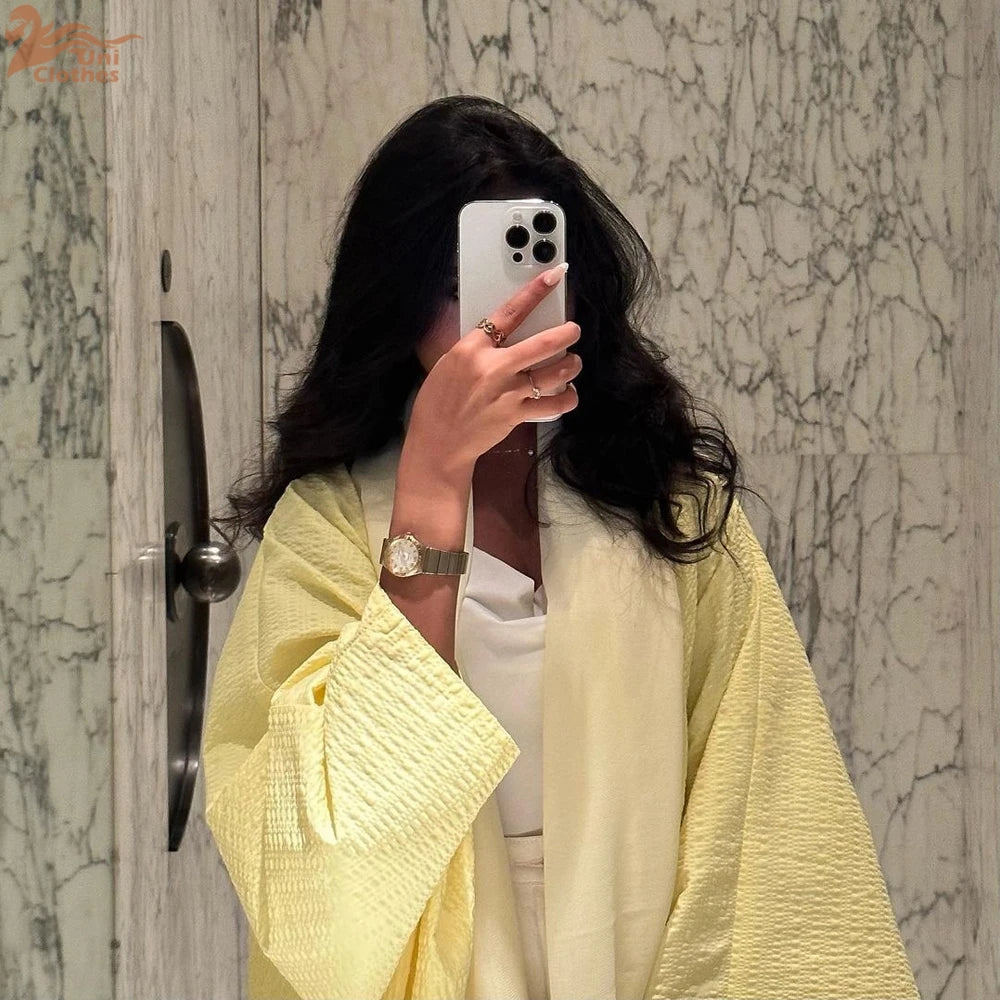 Uni Fashion Chic Kimono Solid Open Abaya Batwing Sleeve Loose Elegant Casual Moroccan Turkish Muslim Robe Jalabiya Clothing