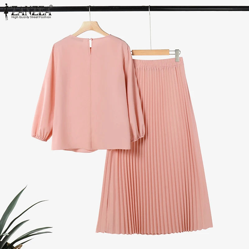 ZANZEA Muslim Woman 2 Piece Sets Islamic Fashion Ruched 3/4 Sleeve Tops Pleated Maxi Skirts 2PCS Outfits Solid Color Skirt Sets
