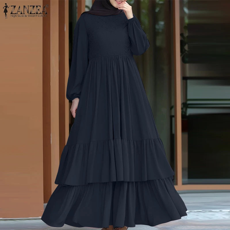 ZANZEA Elegant Women Autumn Long Sleeve Muslim Abaya Hijab Sundress IsIamic Robe Femme Maxi Long Dresses Patchwork Vestidos 2024
