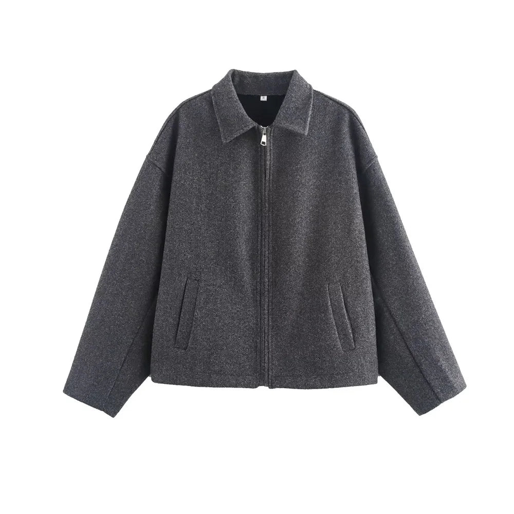 TRZA Women's Oversized Woolen Jacket Coat Long Sleeve Front Zipper Chic Outerwear with Pockets Fashion Top