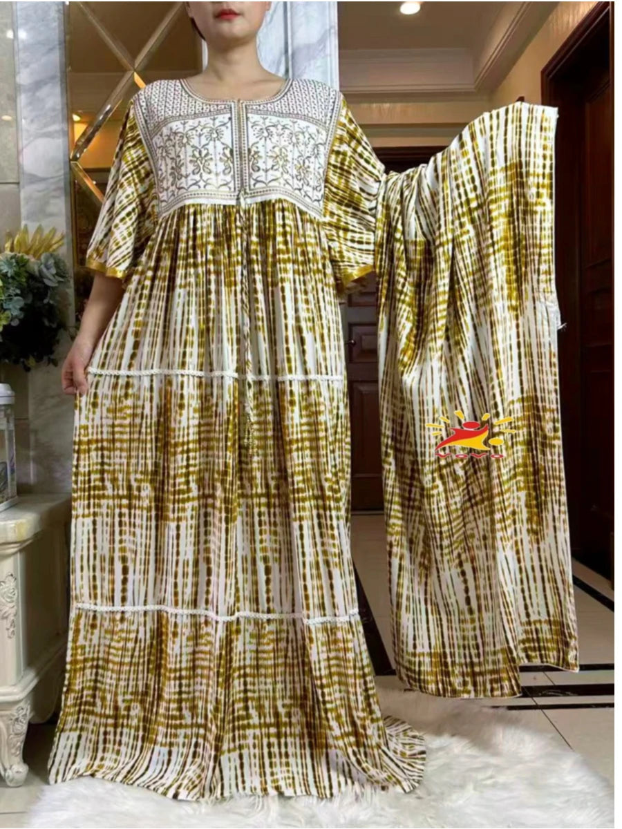 2025 New Muslim Abaya Summer Dress Short Sleeve Collect Waist Floral Loose Boubou Maxi Islam Women Dress African Abaya Clothing