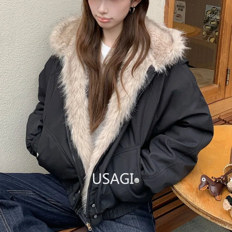Winter Warm Clothing Women Y2K Retro Simple Plush Coat Sportswear New Loose Leather Motorcycle Punk Fur Collar Jacket Couple