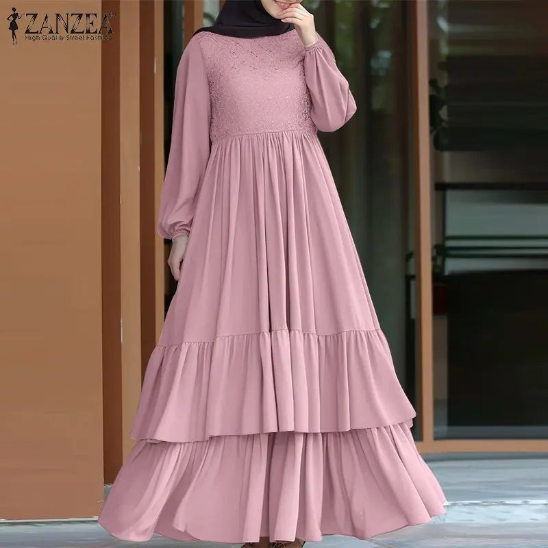 ZANZEA Elegant Women Autumn Long Sleeve Muslim Abaya Hijab Sundress IsIamic Robe Femme Maxi Long Dresses Patchwork Vestidos 2024
