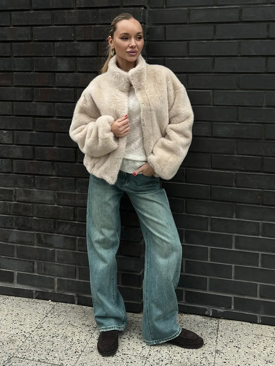 Blubelle New Women's Faux Fur Jacket Zipper Warm Plush Coat Oversized Soft Fluffy Stand Up Collar Autumn Winter Casual Jacket