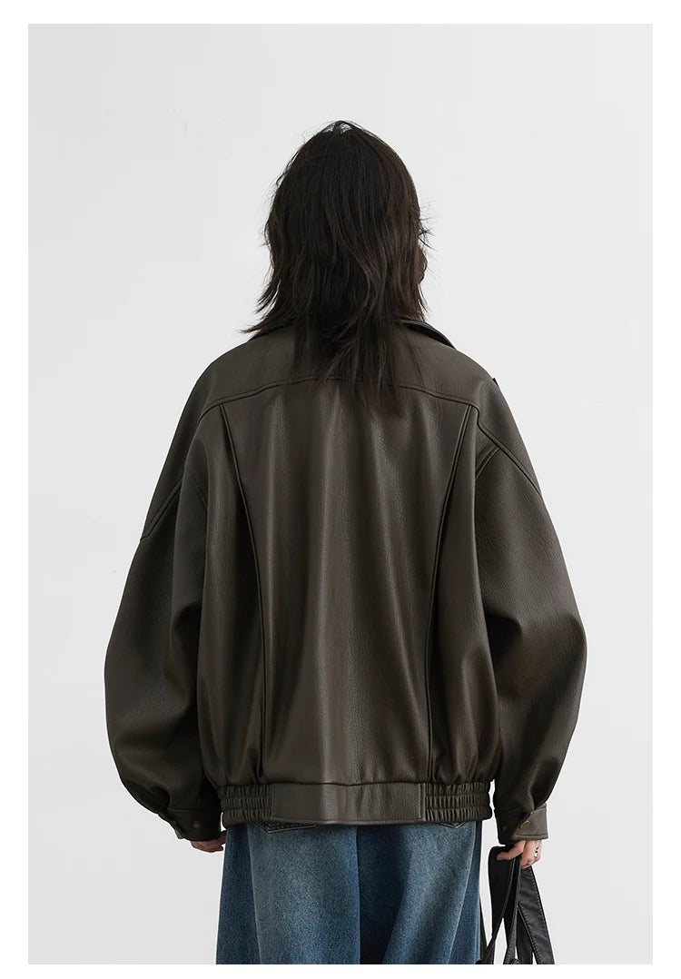 CHIC VEN Female PU Jacket Solid Loose New Retro Standing Collar Motorcycle Faux Leather Coat Female Top Spring Autumn 2024