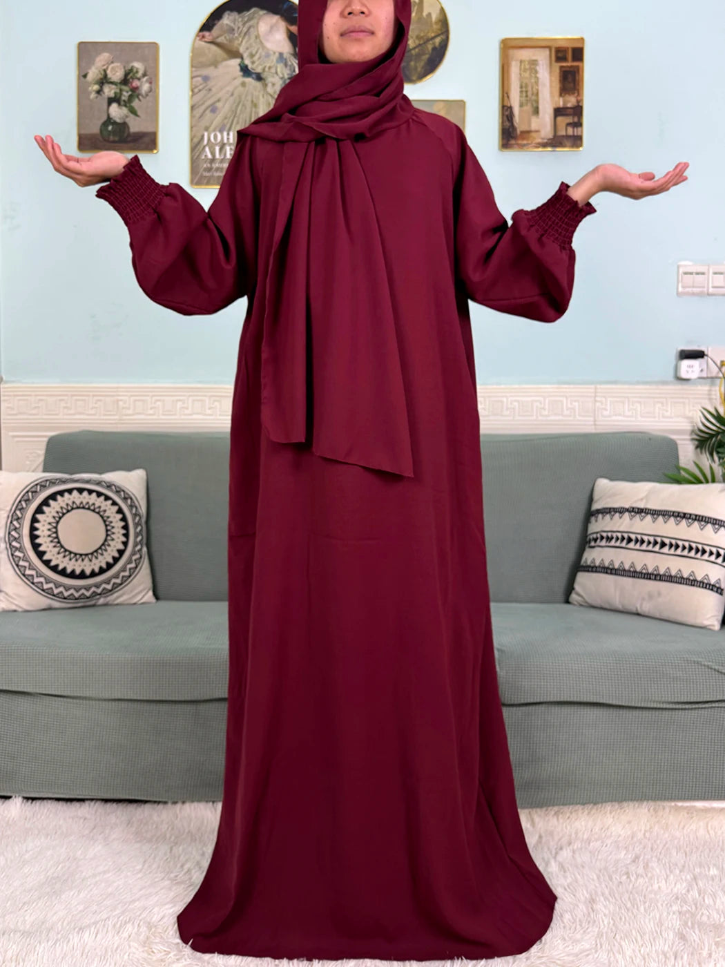 Muslim Abaya Ramadan 2025 For Women Pure Cotton Loose Prayer Femme Robe Elastic Cuffs African Dress With Connected Hijabs Scarf