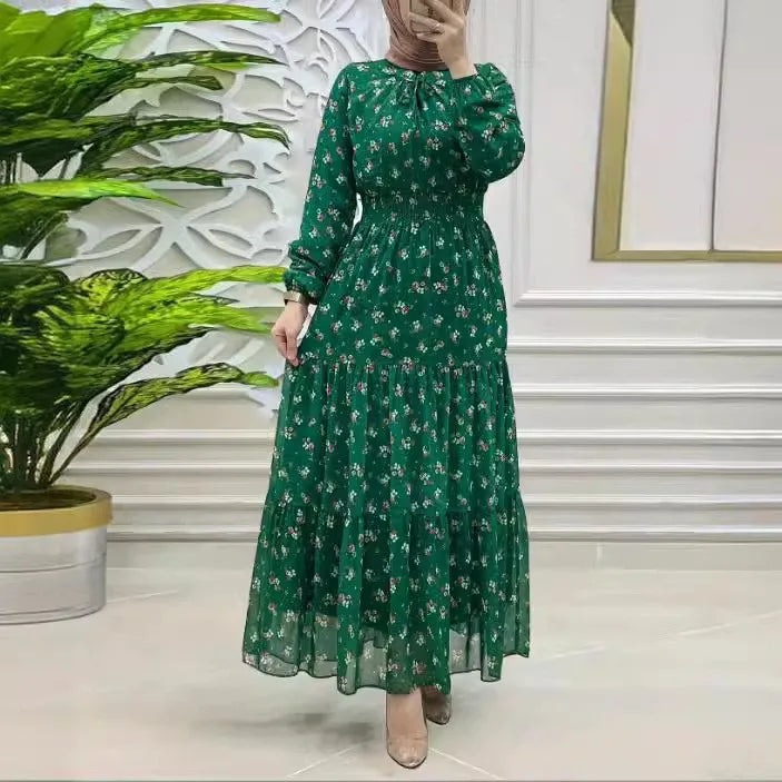 Fashion Muslim Chiffon Flowers Printing Dress High Waist Muslim Dress Abaya Woman Clothing Female Jalabiya