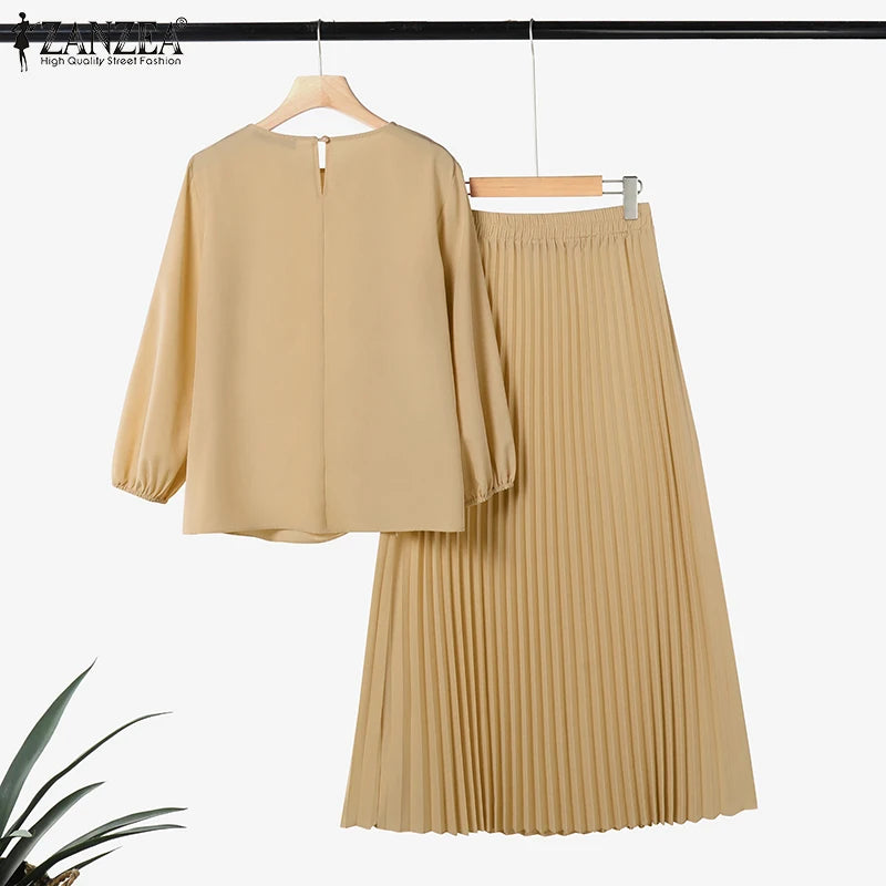 ZANZEA Muslim Woman 2 Piece Sets Islamic Fashion Ruched 3/4 Sleeve Tops Pleated Maxi Skirts 2PCS Outfits Solid Color Skirt Sets