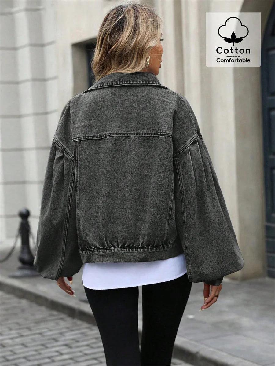 Benuynffy 2025 Autumn Vintage Lantern Sleeve Denim Jacket Women's Casual Streetwear Single Breasted Loose Short Jean Jackets