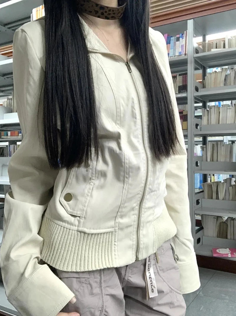 Vintage Stand Collar Women Jacket Y2K American Streetwear Slim Motorcycle Coats Female Gothic All Match Zipper Outerwear New