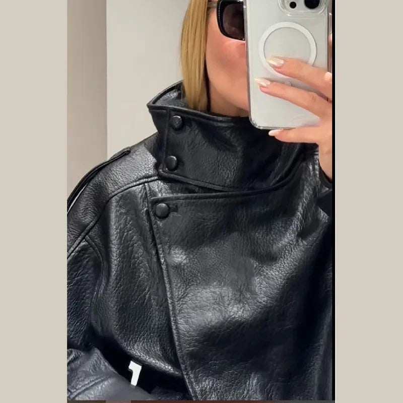 Street PU Leather Loose Jacket Women Fashion Solid Full Sleeve Stand Collar Single Breasted Coats Female 2025 Autumn Lady Coat