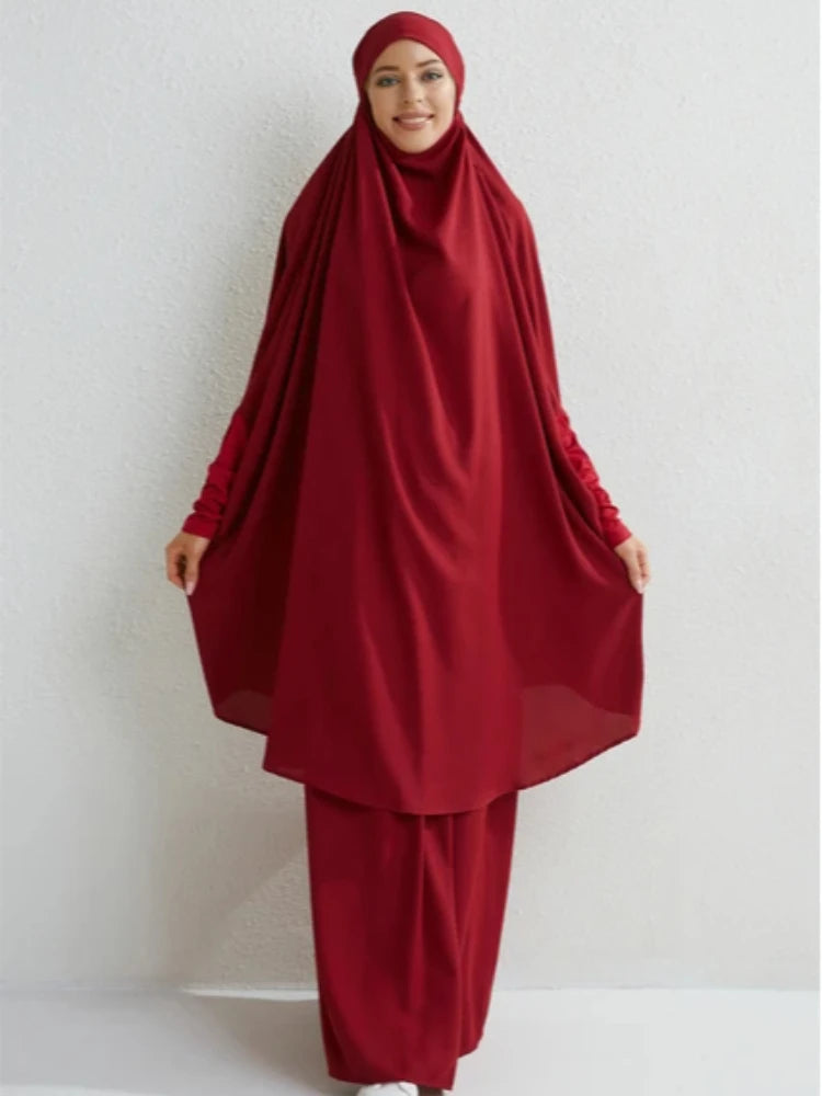 Muslim Sets Two Pieces Prayer Clothing Long Hooded Smocking Sleeve Shirts Hijab Loose Maxi Skirts Elastic Waist Women Abaya Sets