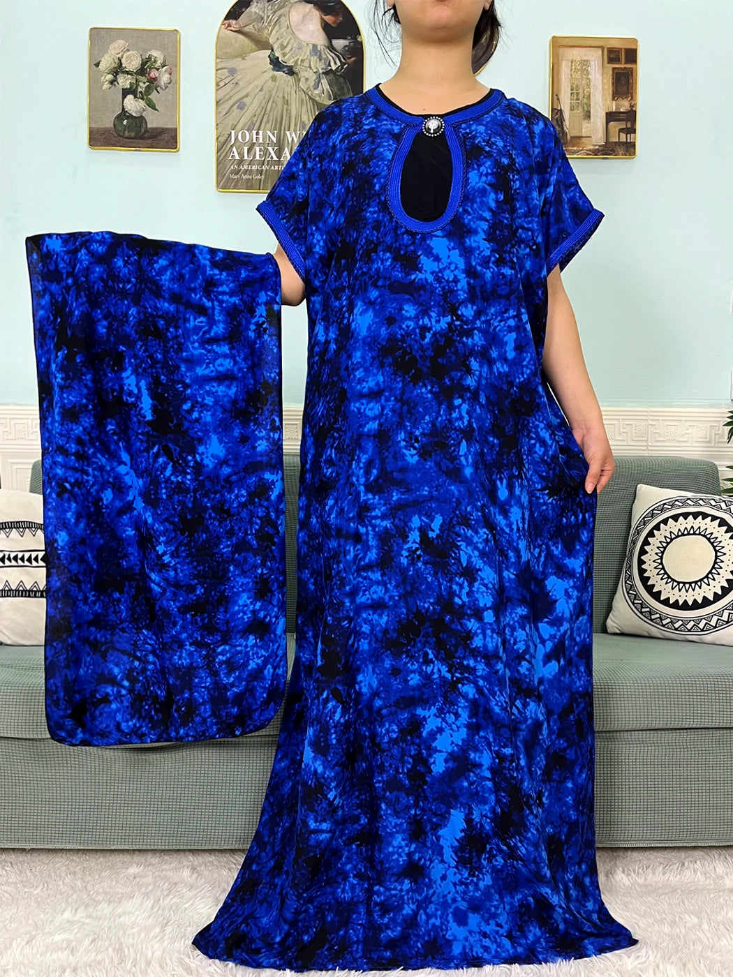 2024 Muslim Cotton Abayas For Women Appliques Printed Caftan Marocaine Femme Robe Boubou African Islam Dresses With Headscarf