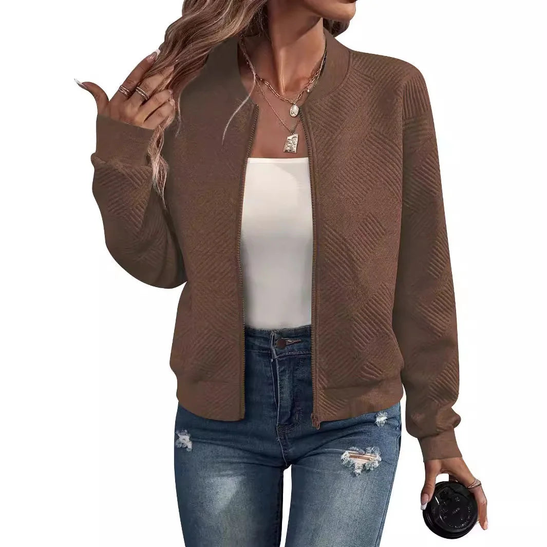 Women's autumn and winter new solid color simple and exquisite zipper jacket baseball collar casual jacket