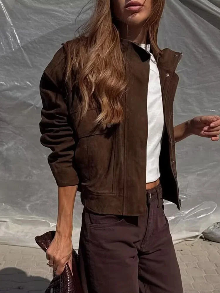 HH Women Autumn Casual Jacket Female Fashion Zipper Pocket Button Decoration Long Sleeves Coat Loose High Street Short Coat