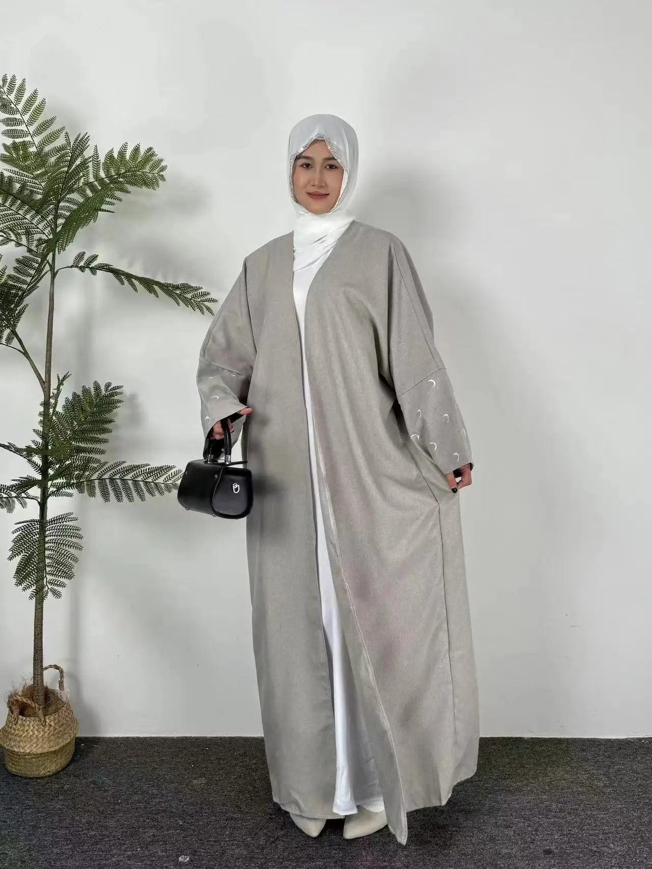 Moon Embroidery Open Front Abaya,Long Sleeve Maxi Length Dress Women's Clothing Muslim Cardigan Abayas Out Kaftans Women Jilbabs