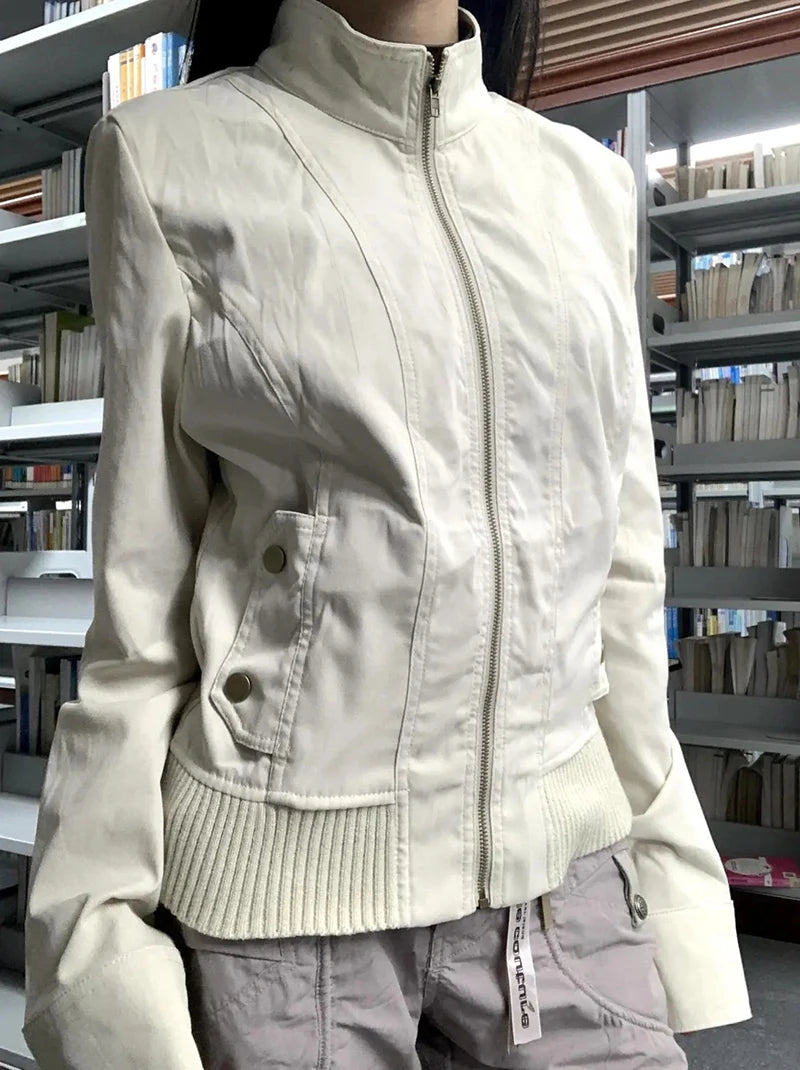 Vintage Stand Collar Women Jacket Y2K American Streetwear Slim Motorcycle Coats Female Gothic All Match Zipper Outerwear New