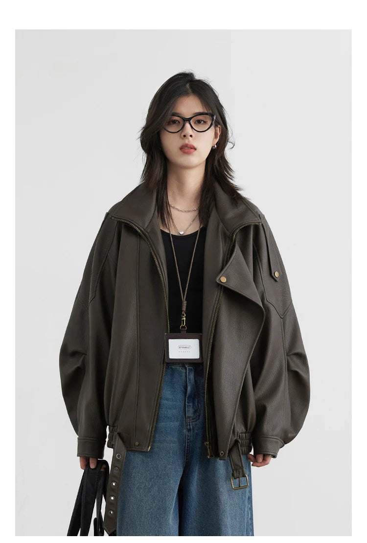 CHIC VEN Female PU Jacket Solid Loose New Retro Standing Collar Motorcycle Faux Leather Coat Female Top Spring Autumn 2024