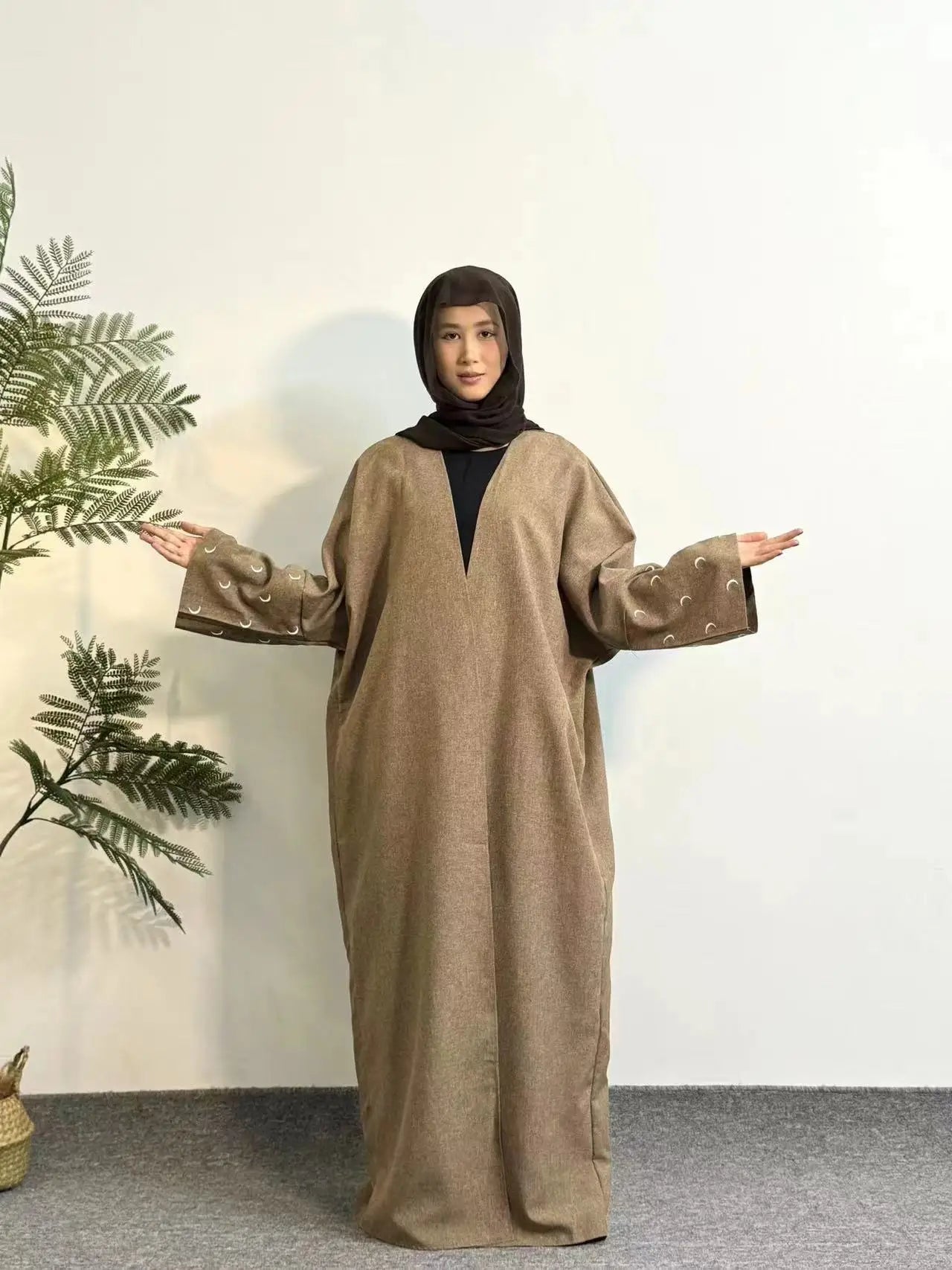 Moon Embroidery Open Front Abaya,Long Sleeve Maxi Length Dress Women's Clothing Muslim Cardigan Abayas Out Kaftans Women Jilbabs