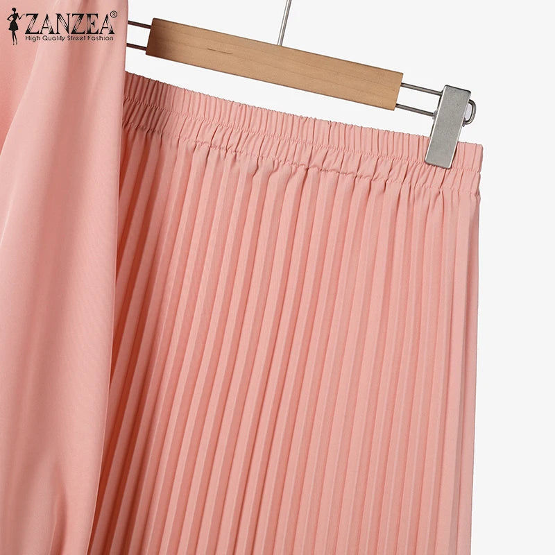 ZANZEA Muslim Woman 2 Piece Sets Islamic Fashion Ruched 3/4 Sleeve Tops Pleated Maxi Skirts 2PCS Outfits Solid Color Skirt Sets