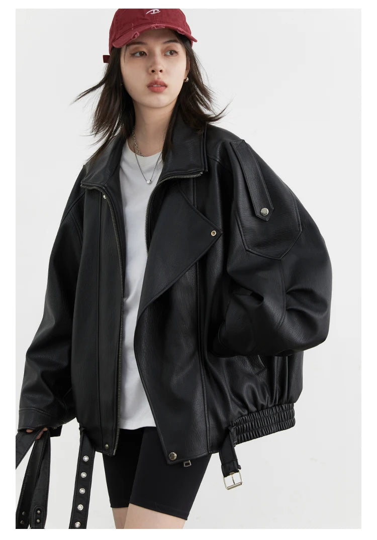 CHIC VEN Female PU Jacket Solid Loose New Retro Standing Collar Motorcycle Faux Leather Coat Female Top Spring Autumn 2024