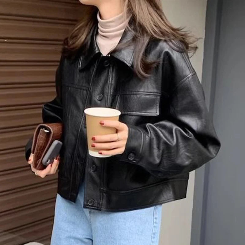 Fashion Single Breasted Jacket for Women Black Camel Pu Leather Jacket Woman Comfort Turn Down Collar Faux Leather Coats Lady