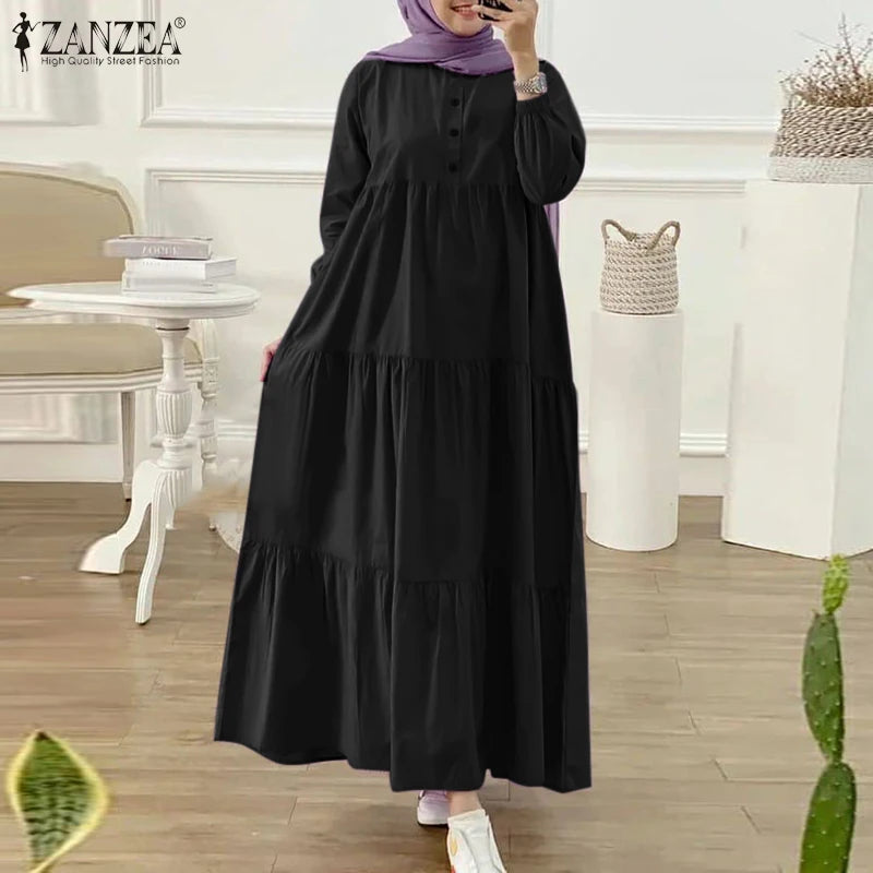 ZANZEA Autumn Women Long Vestidos Muslim Fashion O Neck Islamic Hijab Casual Loose Maxi Dress Tiered Long Sleeve Abaya Robes