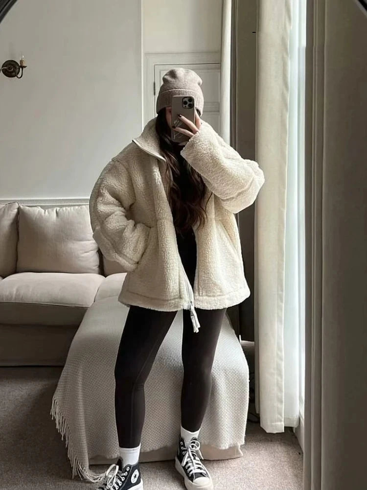 Fashion Women's Lamb's Wool White Coat Winter Fleece Reversible Lapel Coat Simple Loose Teddy Velvet Long Sleeve Jacket