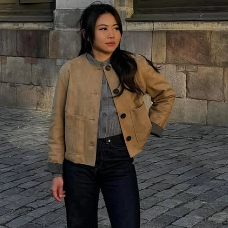 HXAO Demi-Season Suede Jacket Women Cropped Coat Autumn Faux Bomber Jacket Outerwear Button Elegant New Jacket Short Coat