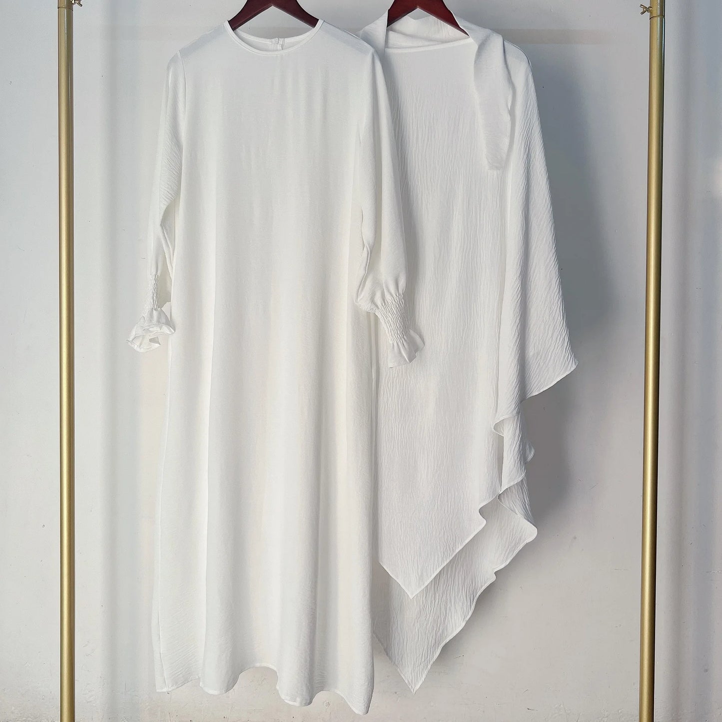 2 Pcs Muslim Set  New Sweet Solid Color Long Dress+Single Layer Shawl Suit  Abaya and Khimar Set Jilbab 2 Pcs Ramadan Long Hijab